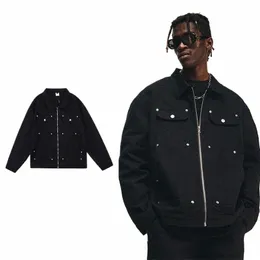 American Style High Street Metal Stud Denim Jacket Men's Brand Retro Hip-Hop Wed Loose Zipper Crock Jacket Men's L5nd#