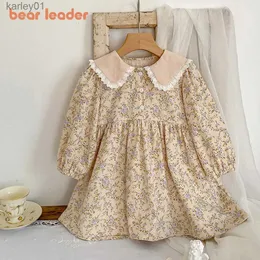 Girl's Dresses Bear Leader Girls Flower Dress Girls Autumn Clothing Fashion 2023 Lace Turn-down Floral Princess Dress Kids Casual Fall Clothes yq240327