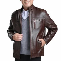 imitati Leather Jacket Lg-sleeved Men Jacket Mid-aged Men's Windproof Faux Leather Jacket with Stand Collar Soft Plush L41c#