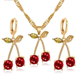 2020 novo conjunto de jóias de cristal cereja para noiva jóias de casamento banhado a ouro vermelho cereja pingente brincos colar sets2464781