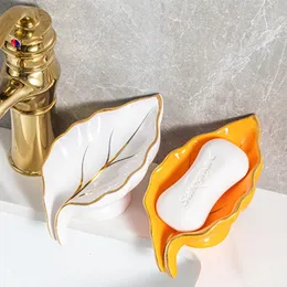 Cerâmica folha forma caixa de sabão dreno sabão titular caixa acessórios do banheiro luxo suprimentos coração forma saboneteira bandeja gadgets 240313