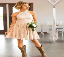 Laço pêssego país curto damas de honra vestidos pérolas halter pescoço vestidos de convidados do casamento na altura do joelho dama de honra vestidos38897921994021