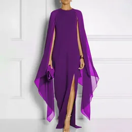 Vestido feminino fenda xale design elegante oneck chiffon maxi com camada irregular dividida lateral 240327