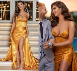 Long Simple Prom Dresses Cheap Spaghetti Satin High Side Split Celebrity Gowns Plus Size Formal Dress robe de mari3572755