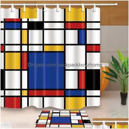 Duschvorhänge im Mondrian-Stil, Badezimmer-Dekor-Vorhang, wasserdichter Stoff mit 12 Haken, Q240116, Drop-Lieferung Dhhhd
