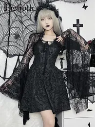 Jaquetas femininas Insgoth Gothic Lace Bell Manga Cardigan T-shirt Mulheres Flare Ver através Sexy Smock Top Elegante Estético Cropped Tops