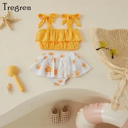 Tregren Infant Baby Girl Swimsuits Cute Summer Tie-up Strap Crop TopsRuffle Tutu Shorts Toddlers Swimwear Beachwear For 0-3Y 240326