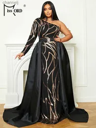 Urban Sexy Dresses Missord Sequin Black Plus Evening Elegant Women One One Long Sleeve Belt Maxi Party Proom Dress مع ثوب قطار YQ240327