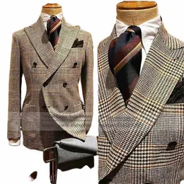 Tweed Wool Houndstooth Mężczyźni SUBIS szeroko szczytowy klapa 2 szt. Podwójny płaszcz Busin Blazer Wedding Dinner Gowns 42MP#