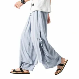 2022 Men Cott Linen Pants Mens Breathable Solid Color Wide Leg Pants Male Street HanFu Kgfu Skirt Trousers M-5XL G8k7#