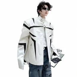 Luzhen Color Ctrast Splicing Design Leather Jacket Men's Fi 2024 New Stand Neck High Street Outwear Korean Spring LZ1520 L9VM＃