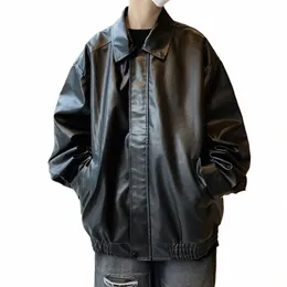 Männer PU-Lederjacke Frühling Neue Fi Einfache Lässige Lose Vintage Reißverschluss Amercian Mantel Revers Straße Männlich Wasserdichter Mantel L8oS #