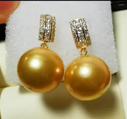 Ohrstecker Suberb Paar 13-14mm Gold Perfekte runde Perle baumeln Frauen Einfache Hochzeit Party Schmuck Zubehör Haken 636