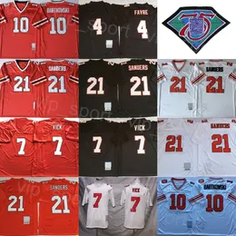 Team Football Retro 7 Michael Vick Jersey 10 Steve Bartkowski 21 Deion Sanders 4 Brett Favre 75th Anniversary Embroidery And Sewing Black Red White For Sport Fans