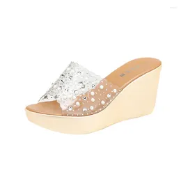 Slippers 8cm Small Big Size 32-43 Fashion Transparent Clear Crystal Wedges Summer 2024 High Heels Platform Slides Office Beach