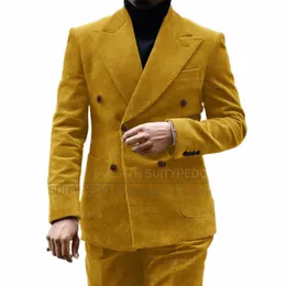 kadife takım elbise erkekler ince fit klasik çift göğüslü ceket pantolon 2pcs özel olarak hazırlanmış bahar sonbahar Busin düğün damat smokin seti q5ww#