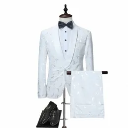 Mens bianco floreale One Butt abiti da sposa smoking dello sposo Groomsmen 2 pezzi giacca + pantaloni costume maschile Mariage Homme n21v #