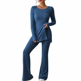 Frauen Zwei Stücke Anzug Winter Herbst Gestrickte LG Ärmel Rippen Schlitz Top Hohe Taille Ausgestellte Hosen Set Fi Outfit F2uV #