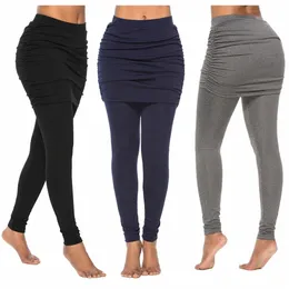 gefälschte zweiteilige Leggings Hosen Slim Leggings Frauen Hosen Pantal Pack Hüfte Faltenrock Damen Einfarbige Tasche Hüfte Seitenhose