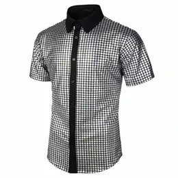 Camicia da uomo Club Camicia da uomo anni '70 Costume da discoteca Camicia Vinatge Colletto rovesciato Camicia riflettente con paillettes lucide Manica corta G9Mx #