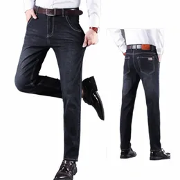 Busin stretch rak denim jeans för män rakt smal casual lg klassiska byxor fleece termiska jeans b8bn#