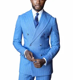 blazer Pants Men Suits Stripe Blue Tuxedo Double Breasted Wedding Host Plus Size Peaked Lapel Formal Pinstripes Tailored 082y#