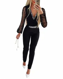 Głębokie V Neck Mesh LG Sleeve Scossuit One Piece Ogólnie Kobiety Czarny elegancki łańcuch dhinste Glitter Party Night Sexy Bodysuits B4VZ#