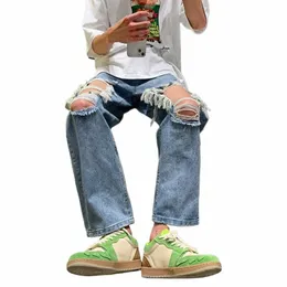 Jeans masculino buraco ulzzang all-match fi streetwear retro hip hop japonês europeu elegante casual baggy harajuku calças aconchegantes 297s #