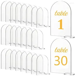 Decoração de festa 30 conjuntos de sinais de mesa acrílicos com suportes em branco folha arqueada DIY números de arco para evento de recepção de casamento