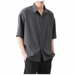 Premium Men Ice Silk Shirt Spring Summer Thin Luxury Loose Korean Busin Shirt Solid Trendy Ruffle Dra Shirt Jacket B0142 J2Y2#