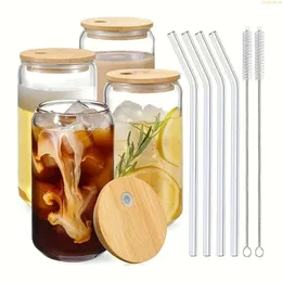 4 Set (4 Glass+lid+straw+straw Brush) Drinking Cup with Bamboo Lid and Glass Straw, 18.6oz Glass, Beer Iced Coffee Cup, Lovely Tumbler, Tail, Whisky, Ideal