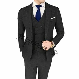 Nero Herringbe Tweed Abiti da uomo formali per l'inverno 3 pezzi Groomsmen da sposa Smoking da uomo Giacca Gilet Pantaloni Trajes De Hombre B9Yw #