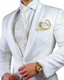 Casamento Blazer Homens Ternos Único Breasted Xale Lapela Branco Jacquard Tecido Duas Peças Jaqueta Calças Elegante Traje Do Noivo 2023 O7pJ #