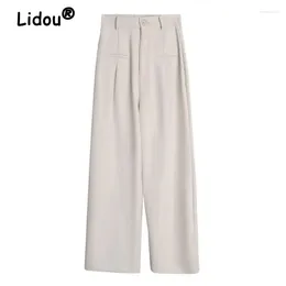 Kvinnors byxor kvinnor kläder 2024 mode solid hög midja elegant rak kontor lady casual fickor breda benbyxor lösa pantaloner