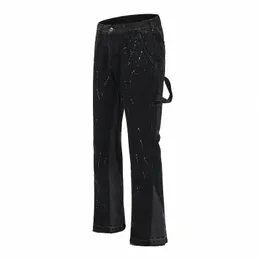 Black High Street Retro Patchwork Flare Pants Mężczyźni Ink SPL Zerwane dżinsy kobiety swobodne proste duże luźne dżinsowe spodnie R75L#