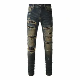 Street Fi Мужские джинсы Ретро Wed Черный Синий Стрейч Узкие рваные джинсы Мужские кожаные заплатки Дизайнерские хип-хоп Брендовые брюки n3Cw #