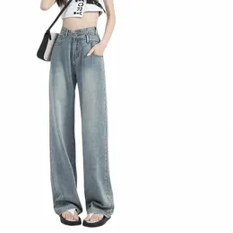 Sommer Weiche Lyocell Stoff Frau Jeans Dünne Lose Breite Bein Gerade Hohe Taille Hose Fi Komfort Retro Blau Casual Hosen k9tz #