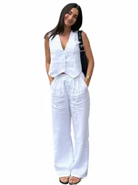 clacive Летний белый льняной комплект из двух предметов для женщин 2023 Fi Sleevel Майка Новый в одинаковых комплектах с высокой талией и широкими брюками d5q4 #