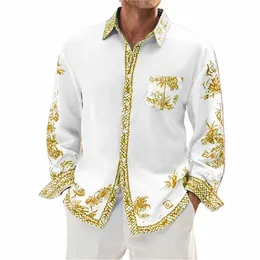 ゴールドパターンプリント10カラーメンズシャツ豪華で快適な竹繊維コットコットポケットバットシャツLGスリーブ6xl K8AC＃