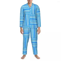 Casa roupas azul e branco listrado conjuntos de pijama primavera linhas coloridas quente quarto pijamas masculino duas peças casual solto design nightwear