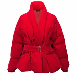 Women Winter Jacket V Neck Belted Warm Thick Cott Padded Parkas Veet Jacket Red LG Sleeve Short Casual Down Cott Jacket H4ew#