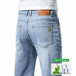 Respirável ultra-fino em linha reta casual jeans homens fi estiramento cott calças magro elasticidade macio masculino denim calças azul k8a7 #