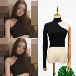 Magliette da donna Kpop Donne coreane Nero con spalle scoperte Manica lunga T-shirt tinta unita Sexy Slim Lady Estate Top corto Pullover Party Club Tee