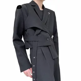 iefb Men's Chic Short Blazer 2023 New Autumn Detachable Two-piece Suit Coat Irregular Hem Fi Design Black Jacket 9Y9250 02LU#