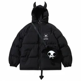 Mense Warm Down Jackets Trendy Little Devil Padded Parkas Horns Wing Tail Hooded Coat Hip Hop Zipper Streetwear Unisex C7PB#