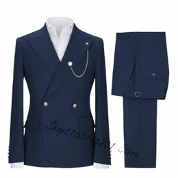 새로운 맞춤 제작 된 해군 남자 정장 더블 가슴 공식 남성 블레이저 슬림 한 신랑 2 조각 정장 재킷 바지 의상 homme k0ay#
