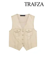 Arbeitskleider TRAFZA 2024 Frühling Trendige Westen für Frauen Sexy Solide Taschen Dekoration V-Ausschnitt Ärmellos Chic Vintage Alle passenden Casual Tops