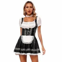 Искусственная кожа French Maid Role Play Outfit Halen Женская горничная Apr Fancy Dr Косплей Костюм Карнавальные тюлевые юбки трапециевидной формы g9eG #