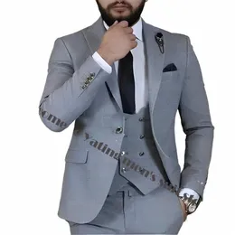 3 Piece Busin Men's Suit Jacket Pants Vest Sier Butt Formal Male Suit Multiple Colors Wedding Groom Tuxedo R1YX#