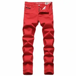 Jeans da uomo rosso semplice tendenza stretch pantaloni slim vita media ricamo fi premium jeans di marca street hip hop abbigliamento 81aD #